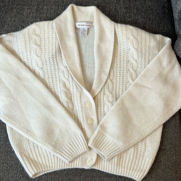 Michelle Stuart Cardigan Lambswool Sweater cable knit Long sleeve Size L - Picture 3 of 12